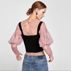 ZARA MESH SHEER TOP PINK WITH FLORALS